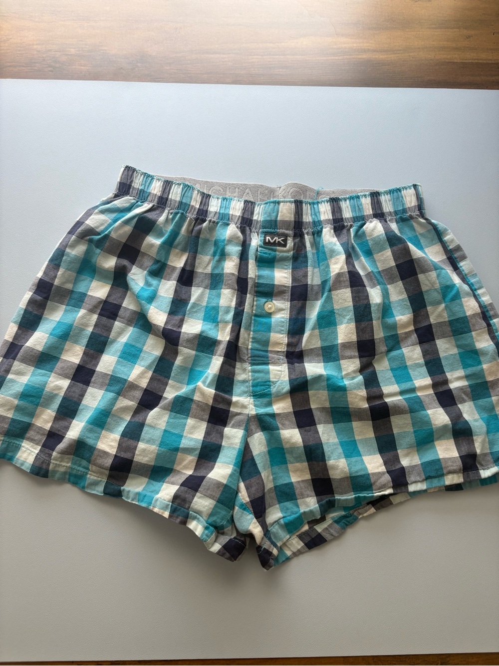 Michael Kors Plaid Cotton Boxers Sleeper Shorts in Teal, Navy & Cream